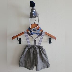 Baby boy #1! First birthday pull on shorts with suspenders, party hat & bowtie